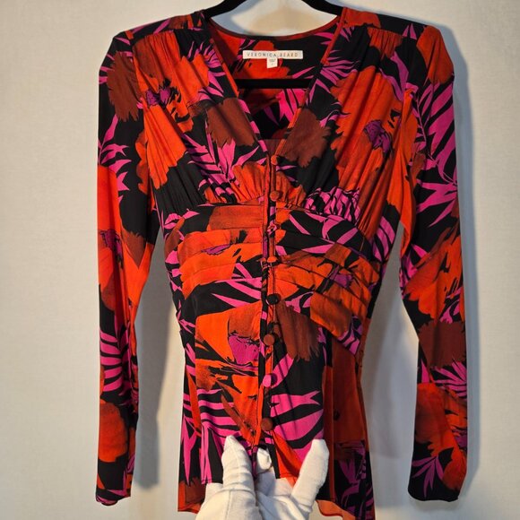 VERONICA BEARD Old Money Y2K Pevero Red Floral Stretch Silk Babydoll Top Size 2. - Picture 4 of 17